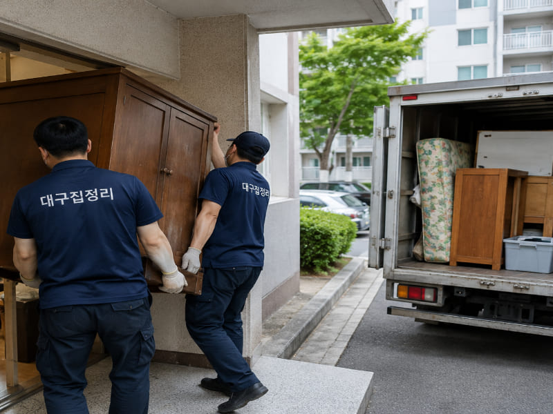 대형 가구를 집 밖으로 반출하는 대구집정리 작업 현장